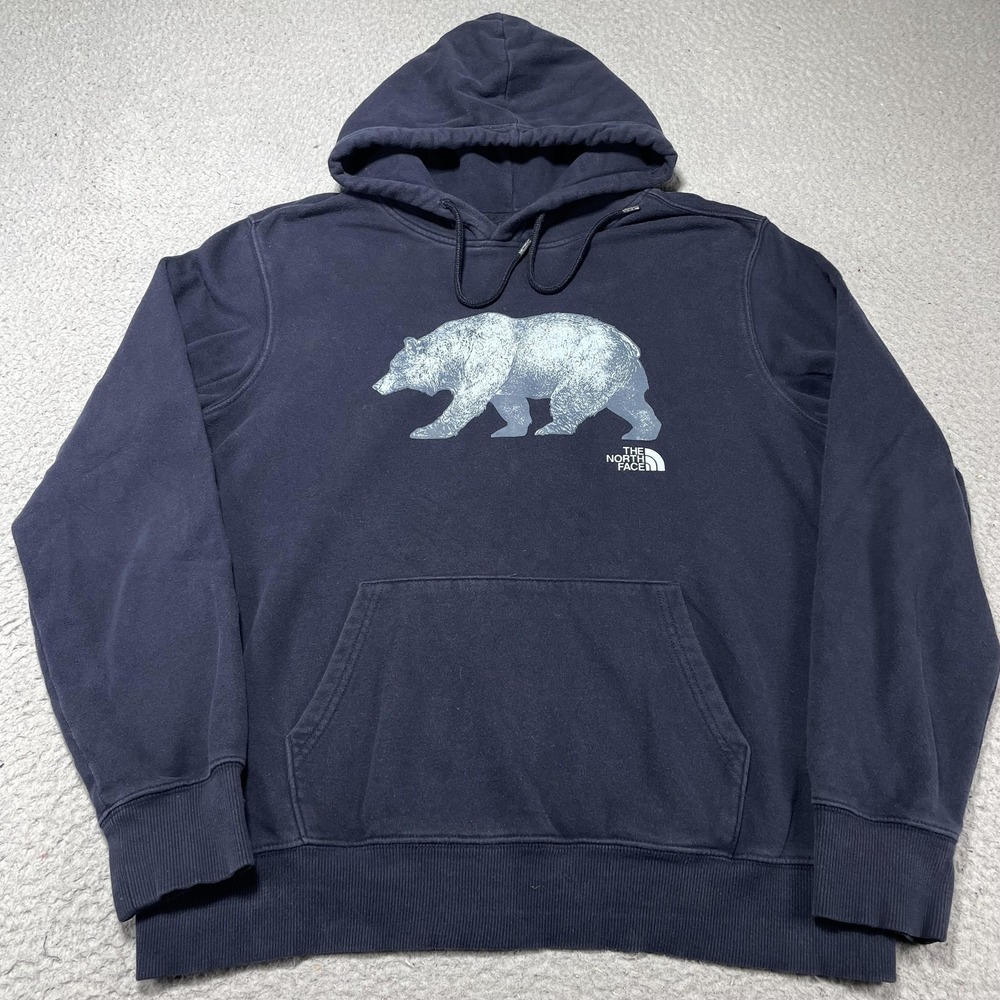 The North Face Hoodie Mens Large Blue Bear Graphic Fleece Pullover Sweatshirt